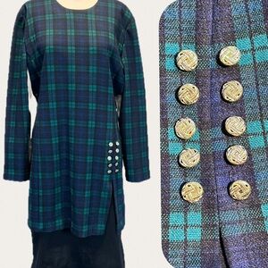 VINTAGE 80s‎ tartan blackwatch plaid dress long sleeve drop waist gold buttons